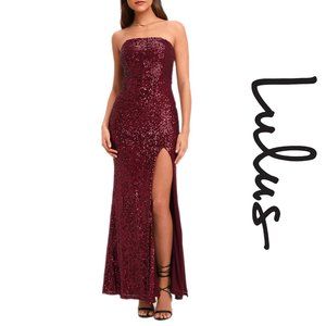 LULUS Lavish Lover Strapless Sequin Side Slit Gown (Wine)